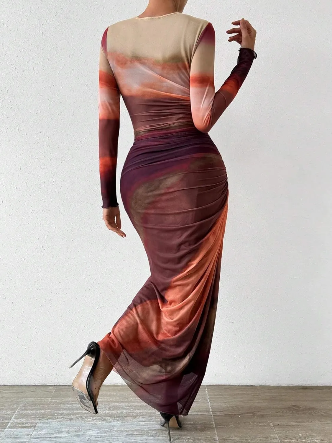 MARZXIN Womens Long Sleeve Maxi Dress Bodycon Ruched Natural Slim Fit Tie Dye Dress Cocktail Dresses Mesh Dress