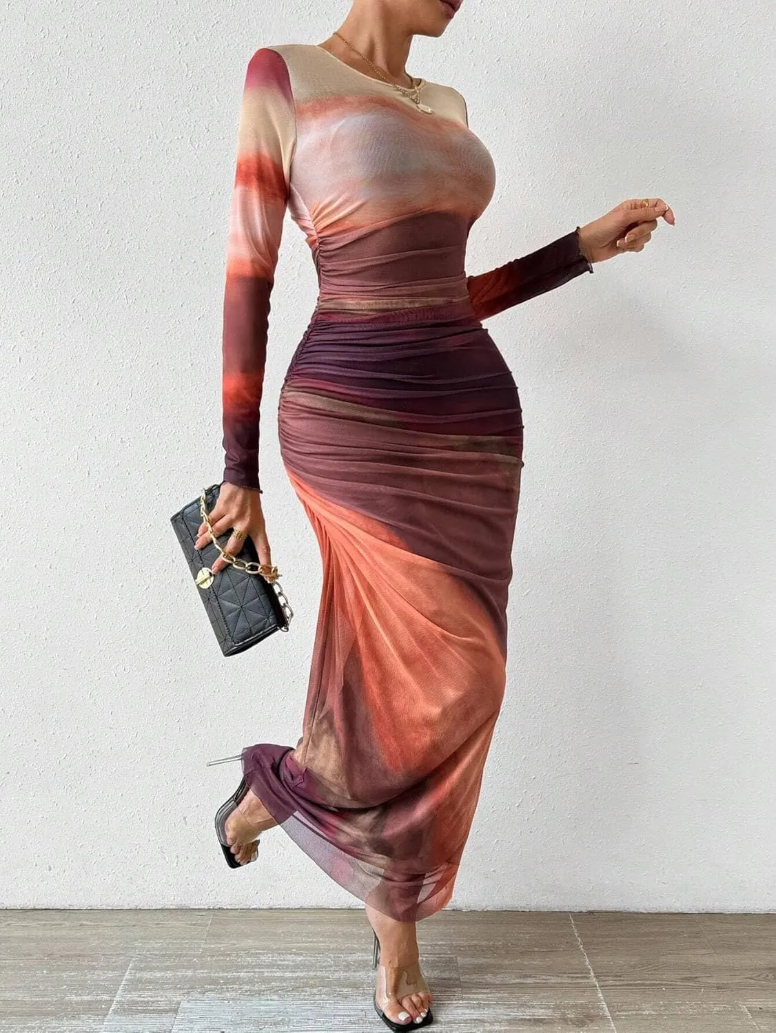 MARZXIN Womens Long Sleeve Maxi Dress Bodycon Ruched Natural Slim Fit Tie Dye Dress Cocktail Dresses Mesh Dress