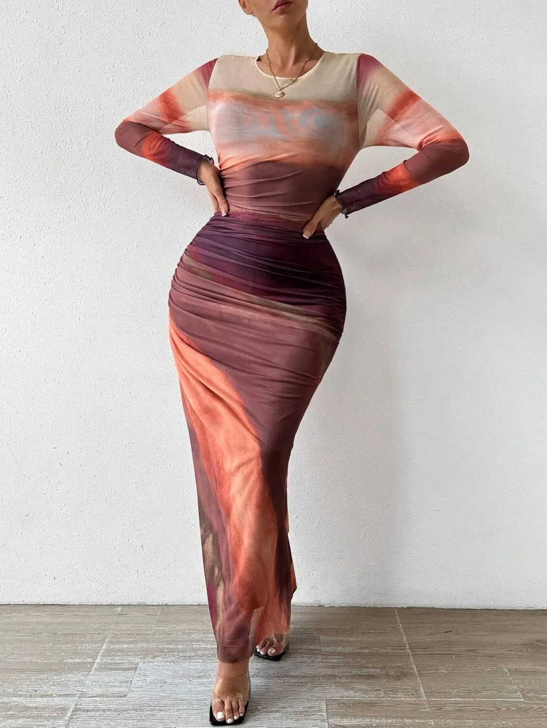 MARZXIN Womens Long Sleeve Maxi Dress Bodycon Ruched Natural Slim Fit Tie Dye Dress Cocktail Dresses Mesh Dress