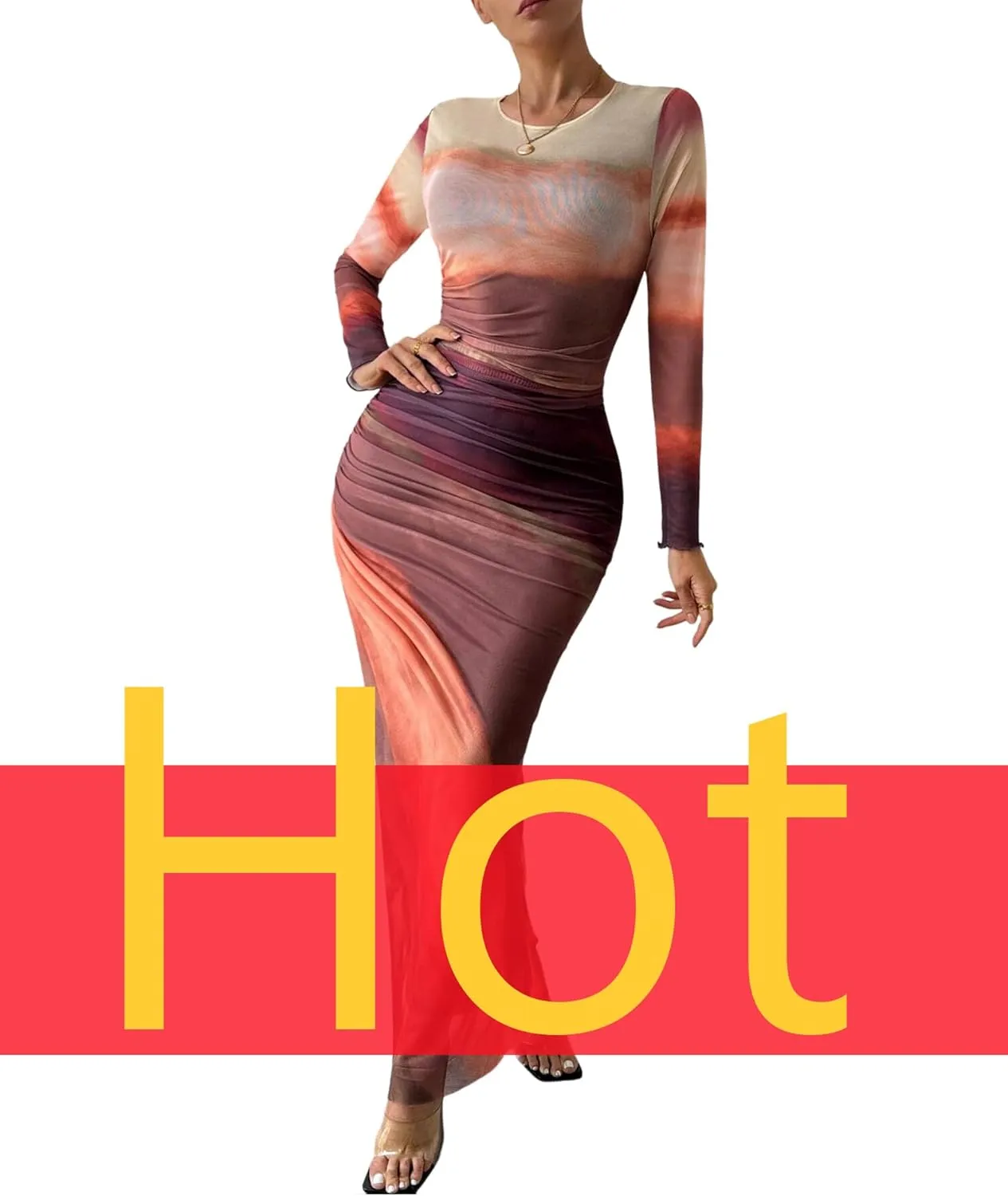 MARZXIN Womens Long Sleeve Maxi Dress Bodycon Ruched Natural Slim Fit Tie Dye Dress Cocktail Dresses Mesh Dress