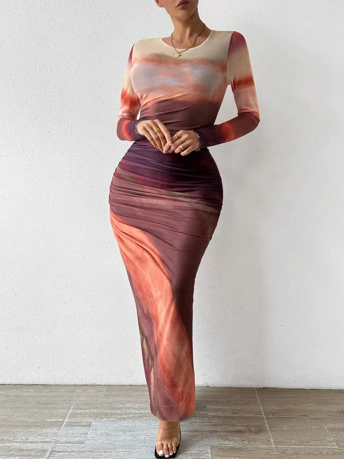 MARZXIN Womens Long Sleeve Maxi Dress Bodycon Ruched Natural Slim Fit Tie Dye Dress Cocktail Dresses Mesh Dress