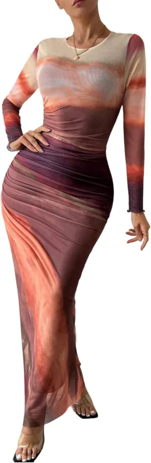 MARZXIN Womens Long Sleeve Maxi Dress Bodycon Ruched Natural Slim Fit Tie Dye Dress Cocktail Dresses Mesh Dress