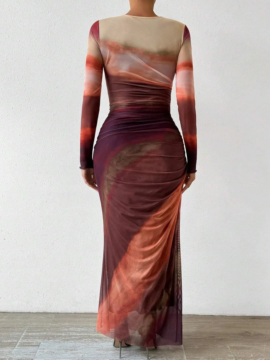 MARZXIN Womens Long Sleeve Maxi Dress Bodycon Ruched Natural Slim Fit Tie Dye Dress Cocktail Dresses Mesh Dress