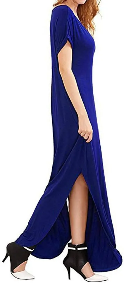 Match Women's V-Neck Casual Loose Short Sleeve Long T-Shirt Dress Split Maxi Dress with Side Pocket