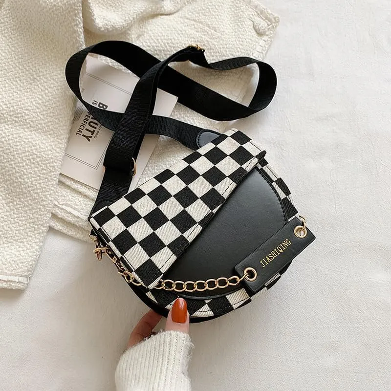 Mayred black and white check pattern thousand bird check pattern women's shoulder bag saddle bag fashion woolen crossbody bag