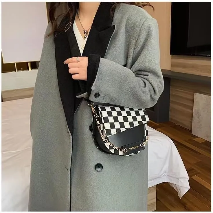 Mayred black and white check pattern thousand bird check pattern women's shoulder bag saddle bag fashion woolen crossbody bag