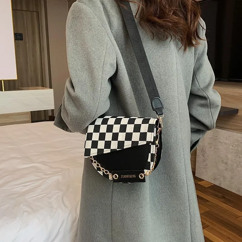 Mayred black and white check pattern thousand bird check pattern women's shoulder bag saddle bag fashion woolen crossbody bag