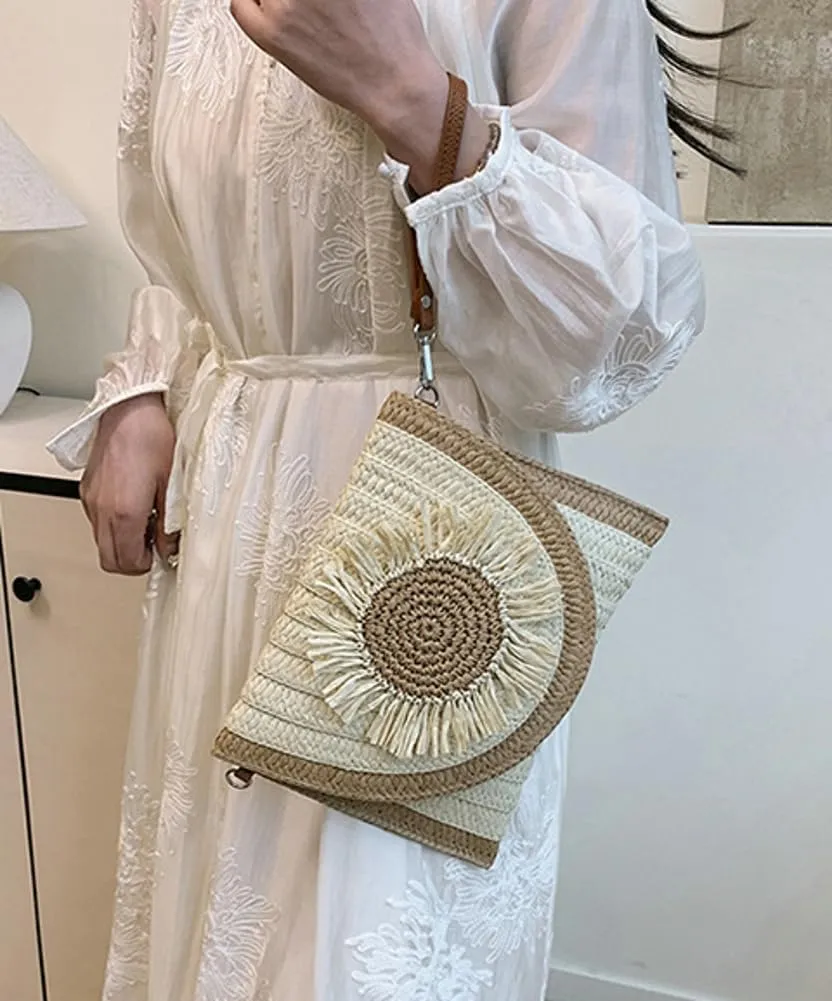 Medium Straw Crossbody Bag Summer Clutch Purses Beach Shoulder Bags Flower Straw Clutch Purse for Summer Vacation