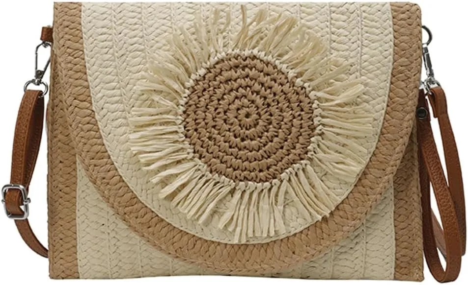 Medium Straw Crossbody Bag Summer Clutch Purses Beach Shoulder Bags Flower Straw Clutch Purse for Summer Vacation