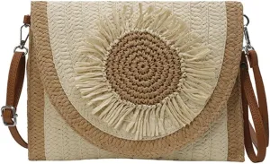 Medium Straw Crossbody Bag Summer Clutch Purses Beach Shoulder Bags Flower Straw Clutch Purse for Summer Vacation