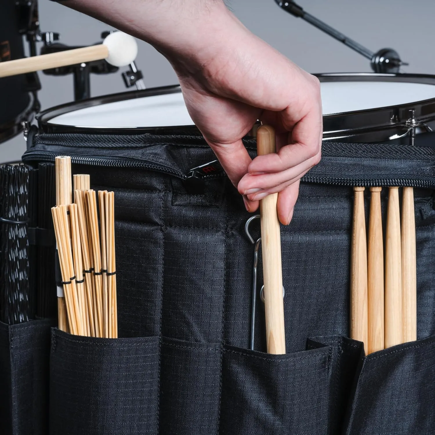 Meinl Cymbals Professional Drumstick Bag, Carbon Ripstop — Includes Floor Tom Hooks — Also Great for Mallets, Brushes, Rods, Accessories
