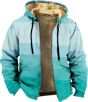 Men Coats Winter Long Sleeve Zipper Hoodies Sherpa Fleece Lined Vintage Print Jackets Fall Winter Coats