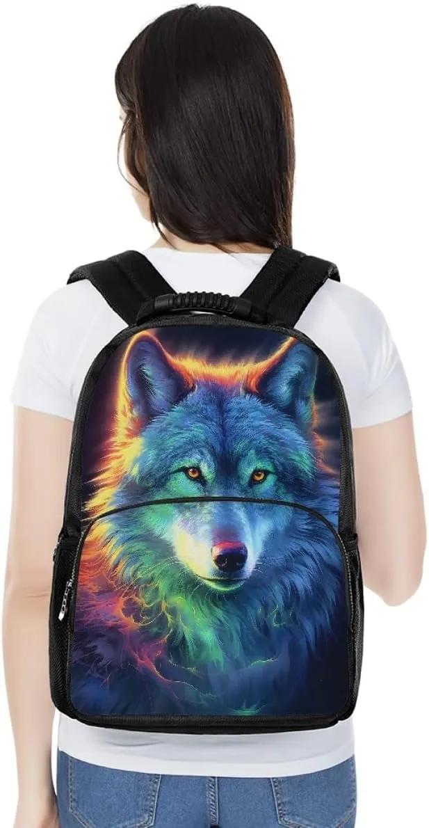 Men Women Galaxy Wolf 3D Print Backpack Laptop Shoulder Bag Travel Casual Daypacks,Colorful Wolf