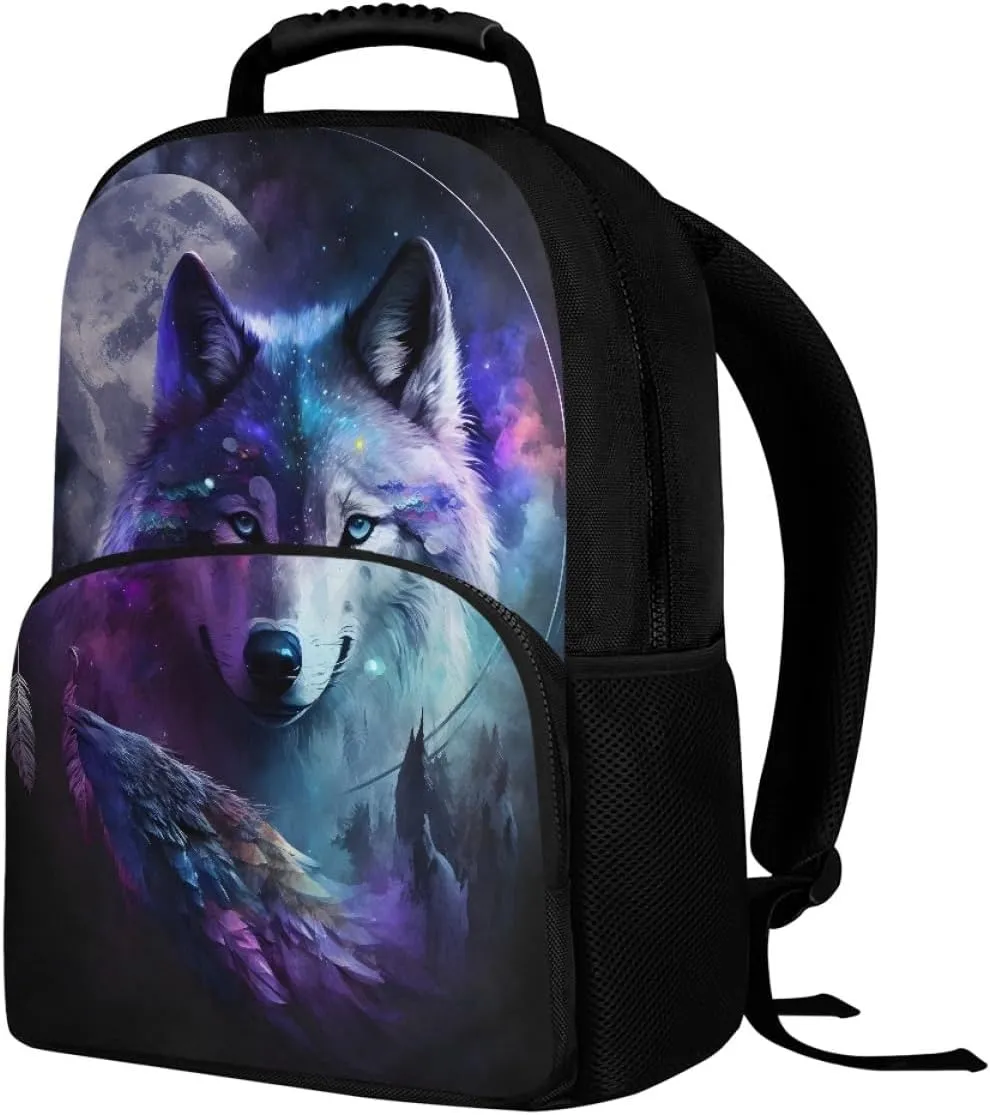 Men Women Galaxy Wolf 3D Print Backpack Laptop Shoulder Bag Travel Casual Daypacks,Fog Forest Wolf