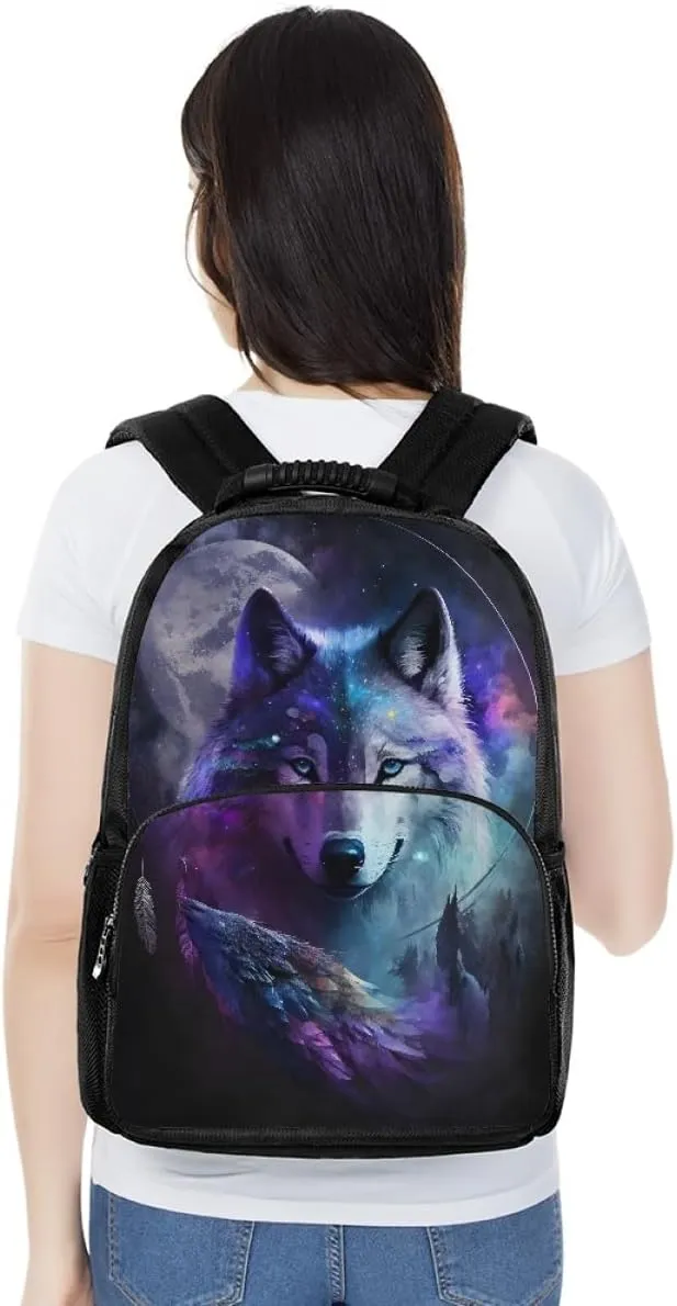 Men Women Galaxy Wolf 3D Print Backpack Laptop Shoulder Bag Travel Casual Daypacks,Fog Forest Wolf