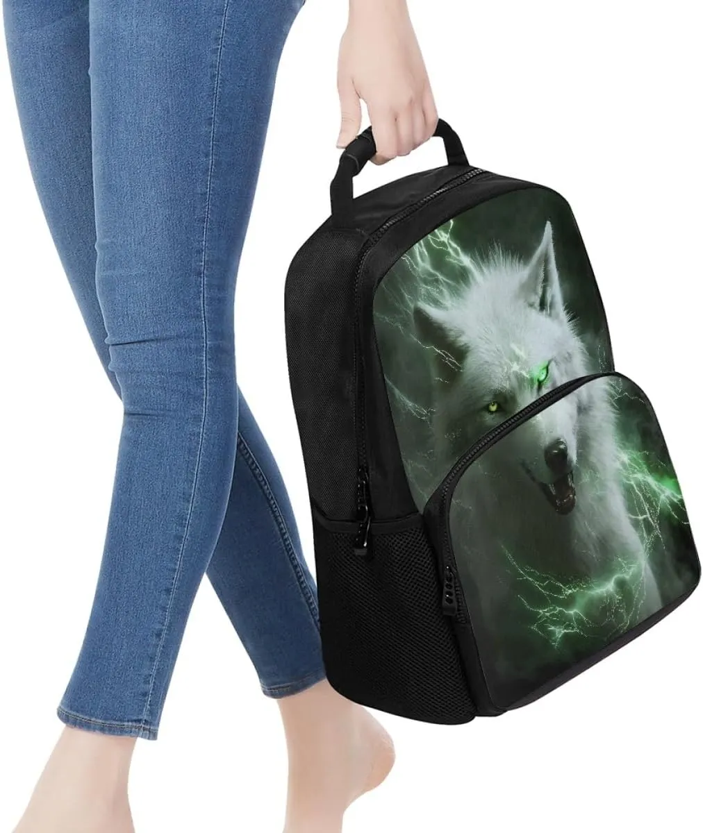 Men Women Galaxy Wolf 3D Print Backpack Laptop Shoulder Bag Travel Casual Daypacks,Green Lighting Wolf