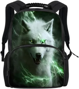 Men Women Galaxy Wolf 3D Print Backpack Laptop Shoulder Bag Travel Casual Daypacks,Green Lighting Wolf
