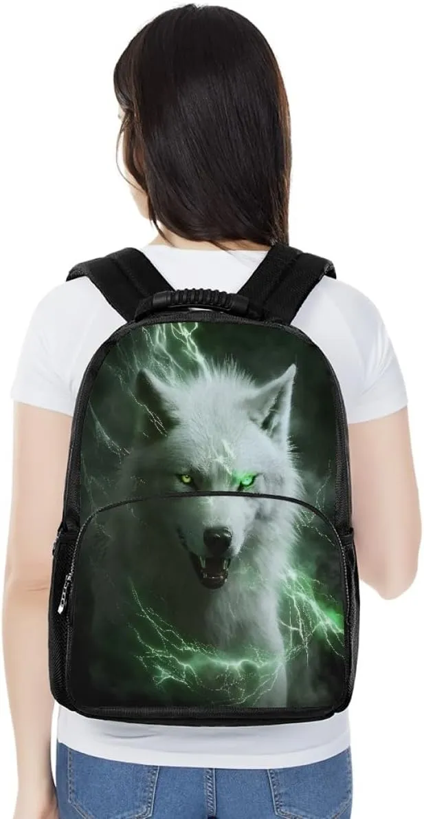 Men Women Galaxy Wolf 3D Print Backpack Laptop Shoulder Bag Travel Casual Daypacks,Green Lighting Wolf
