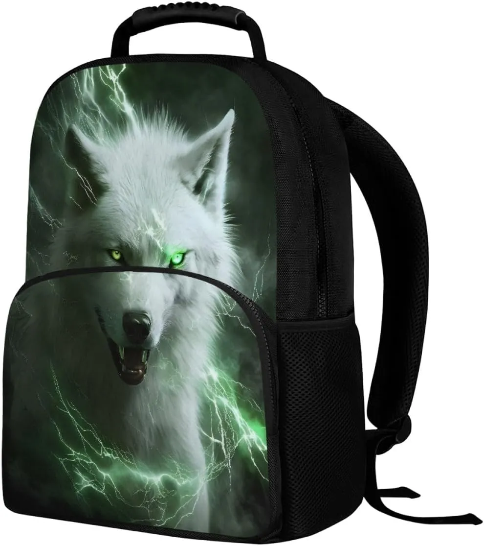 Men Women Galaxy Wolf 3D Print Backpack Laptop Shoulder Bag Travel Casual Daypacks,Green Lighting Wolf