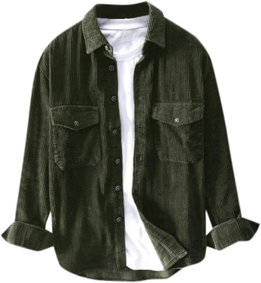 Men's Corduroy Long Sleeve Shirts Causal Button Down Collared Shirt Jackets Classic Fit Fall Winter Ribbed Sweaters