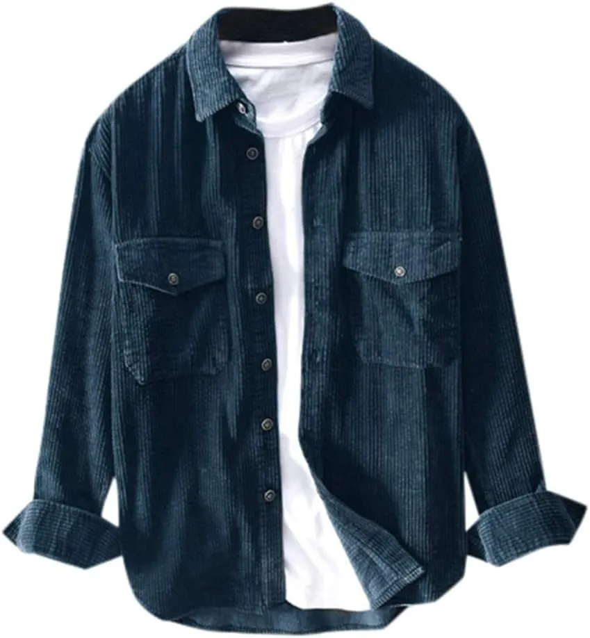 Men's Corduroy Long Sleeve Shirts Causal Button Down Collared Shirt Jackets Classic Fit Fall Winter Ribbed Sweaters