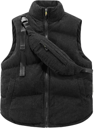Mens Corduroy Puffer Vest Sleeveless Stand Collar Zip Up Waistcoats with Slant Shoulder Bag Lightweight Padded Gilet