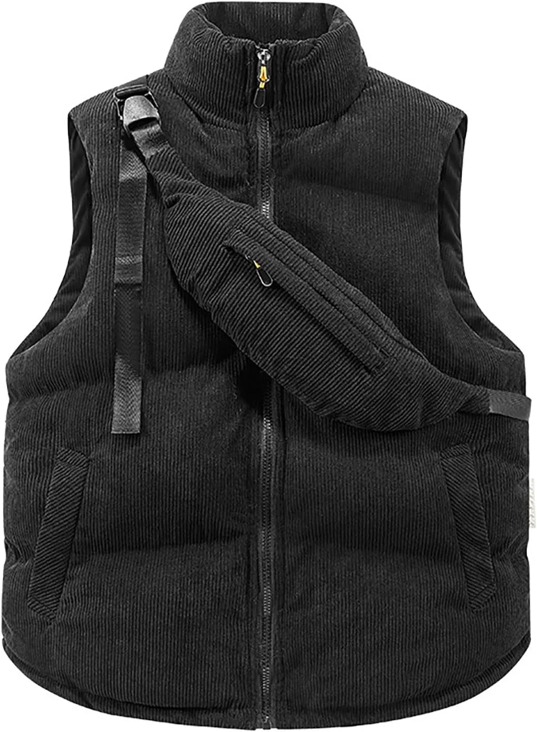 Mens Corduroy Puffer Vest Sleeveless Stand Collar Zip Up Waistcoats with Slant Shoulder Bag Lightweight Padded Gilet