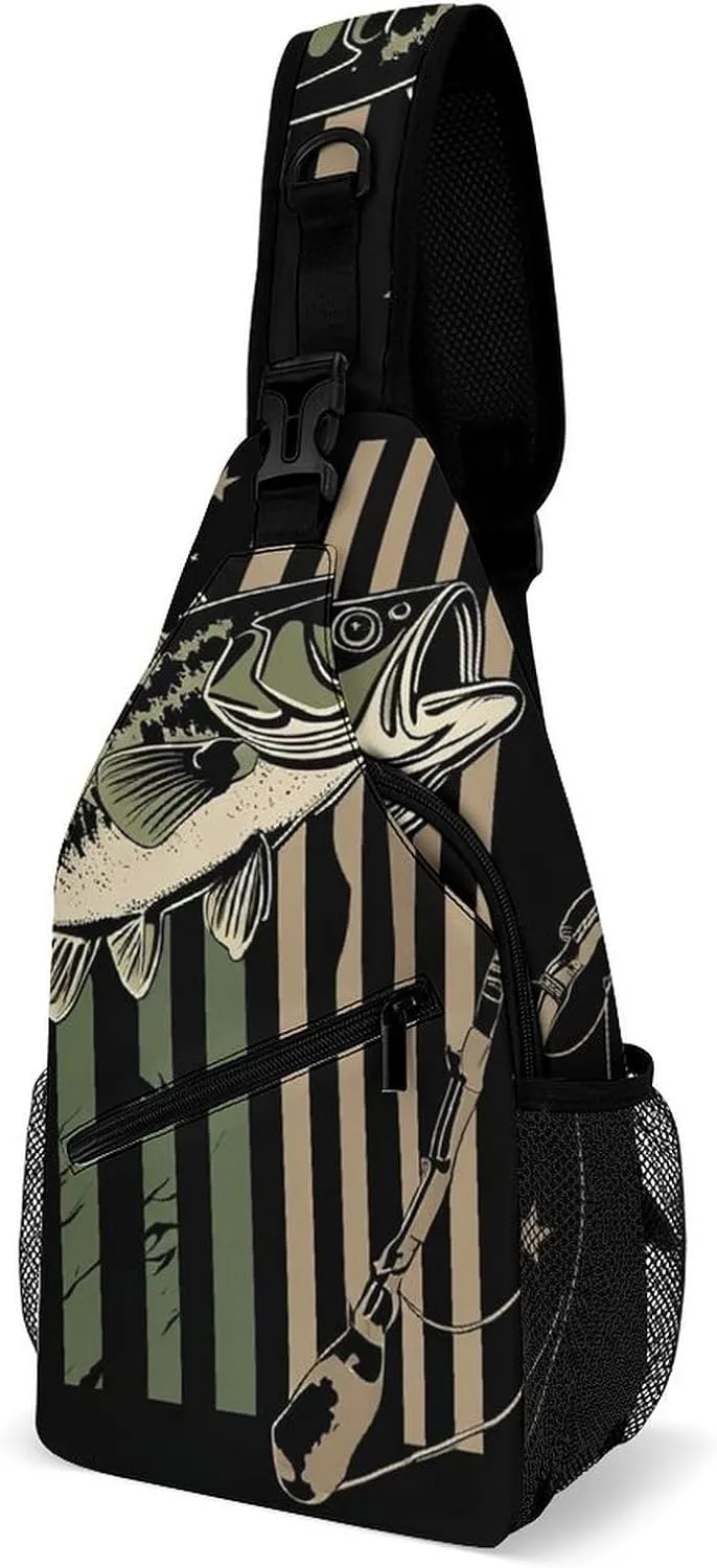 Mens Crossbody Shoulder Bag, Casual Daypacks Large Capacity Sling Chest Bag Bass Fishing Camo Camouflage American Flag Hunting Black Gym Backpack for Hiking Sport Travel