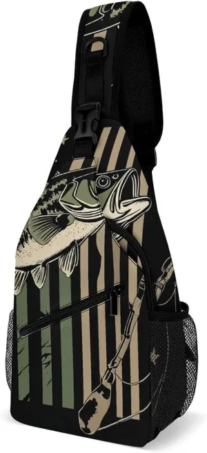 Mens Crossbody Shoulder Bag, Casual Daypacks Large Capacity Sling Chest Bag Bass Fishing Camo Camouflage American Flag Hunting Black Gym Backpack for Hiking Sport Travel
