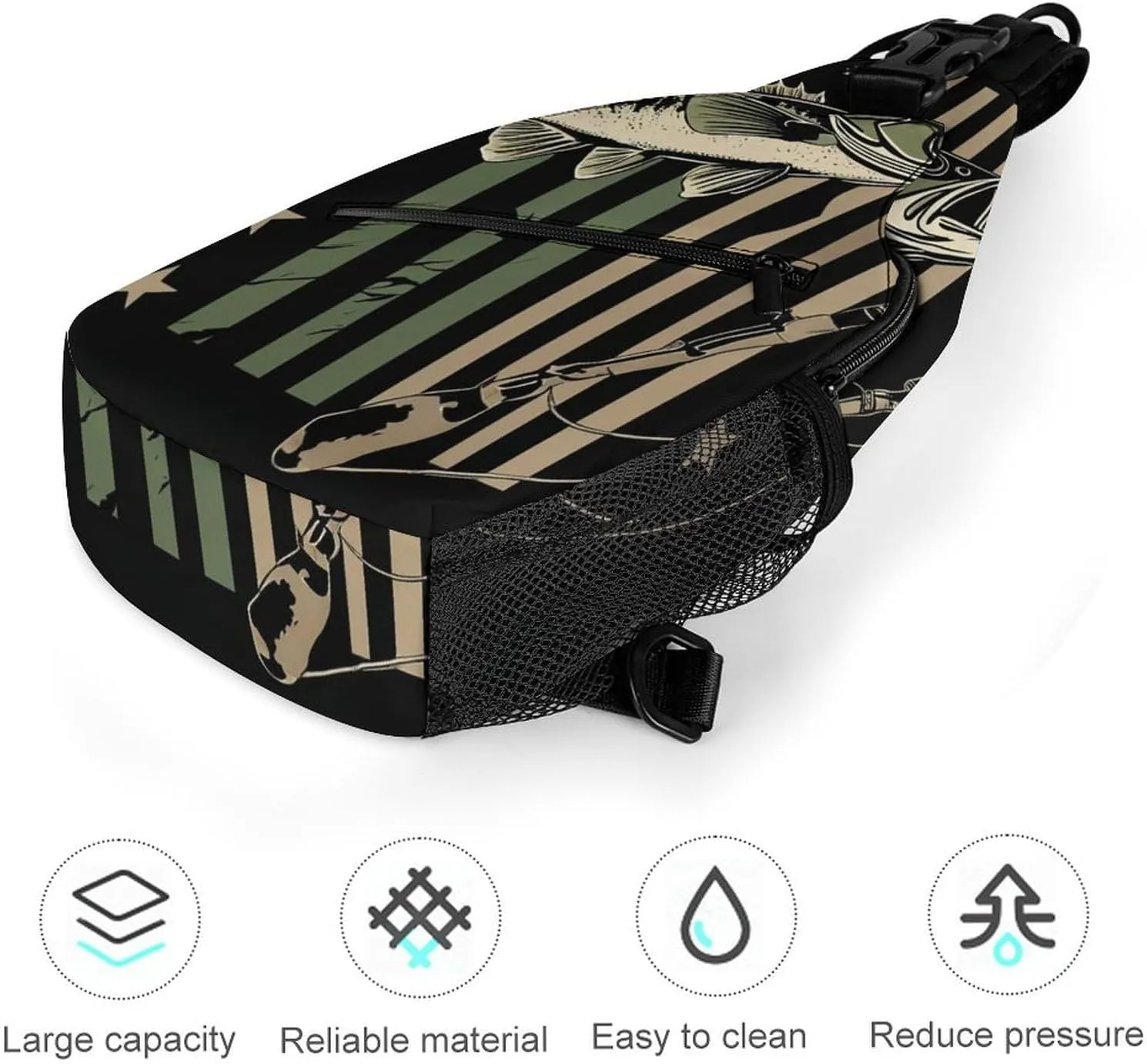 Mens Crossbody Shoulder Bag, Casual Daypacks Large Capacity Sling Chest Bag Bass Fishing Camo Camouflage American Flag Hunting Black Gym Backpack for Hiking Sport Travel