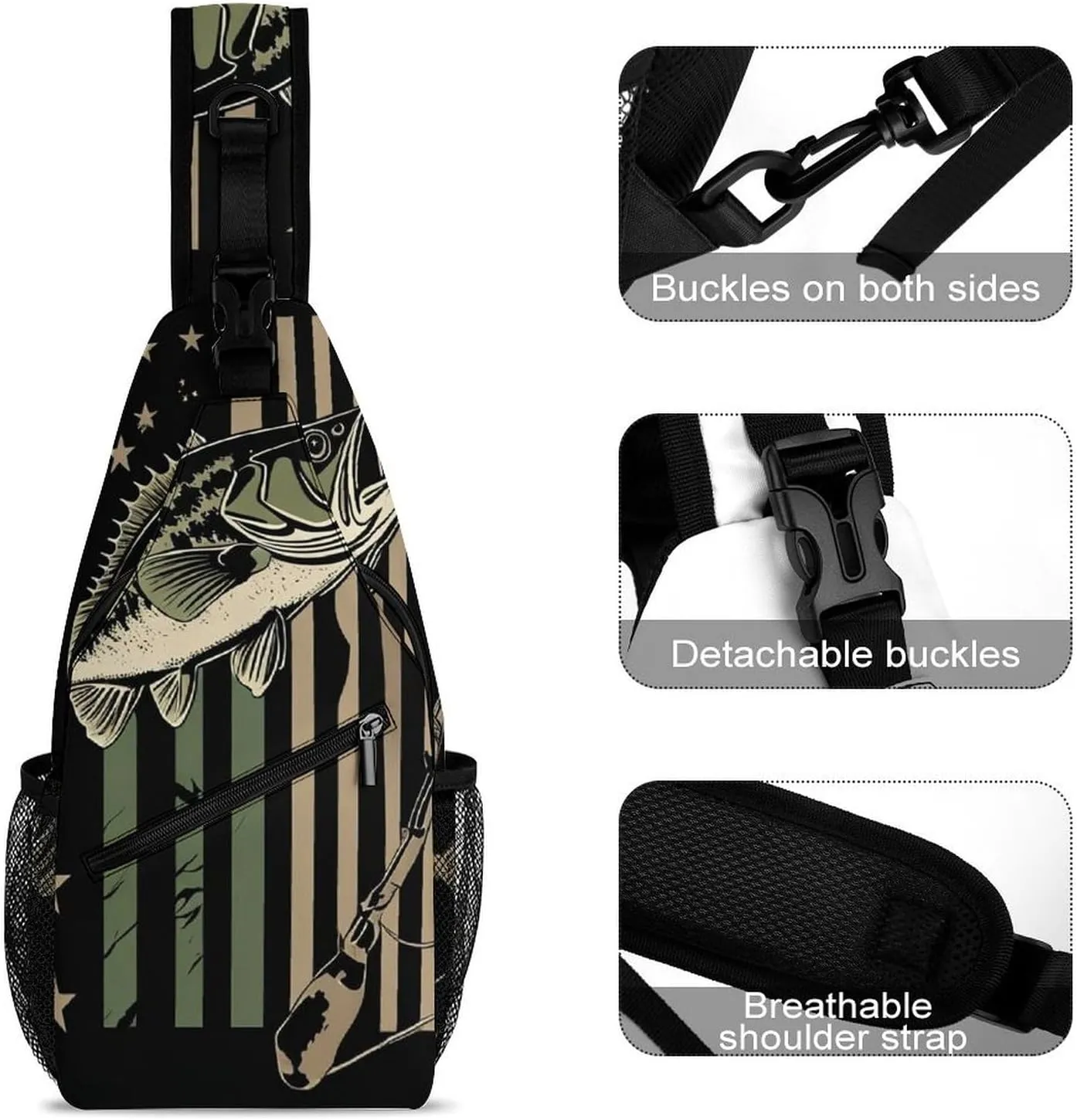 Mens Crossbody Shoulder Bag, Casual Daypacks Large Capacity Sling Chest Bag Bass Fishing Camo Camouflage American Flag Hunting Black Gym Backpack for Hiking Sport Travel