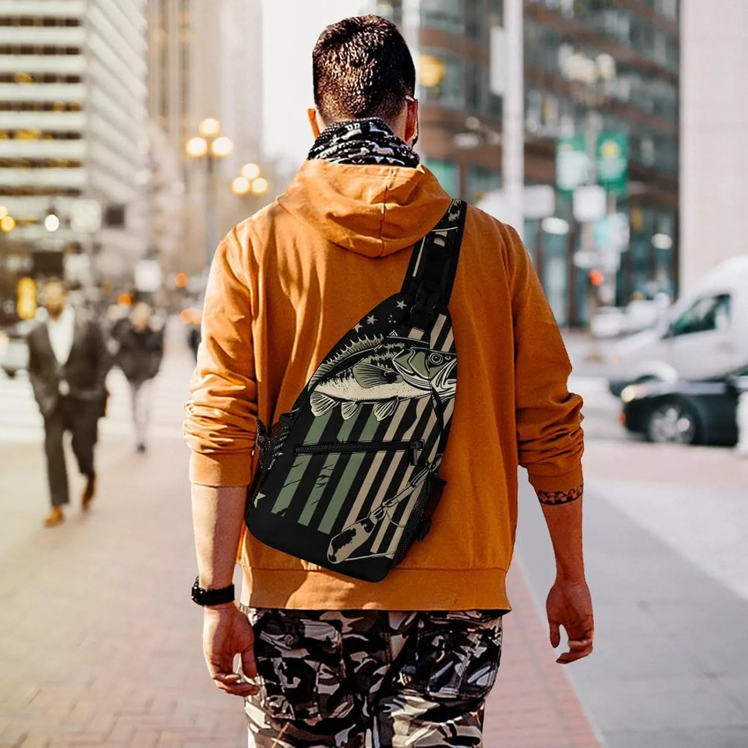 Mens Crossbody Shoulder Bag, Casual Daypacks Large Capacity Sling Chest Bag Bass Fishing Camo Camouflage American Flag Hunting Black Gym Backpack for Hiking Sport Travel