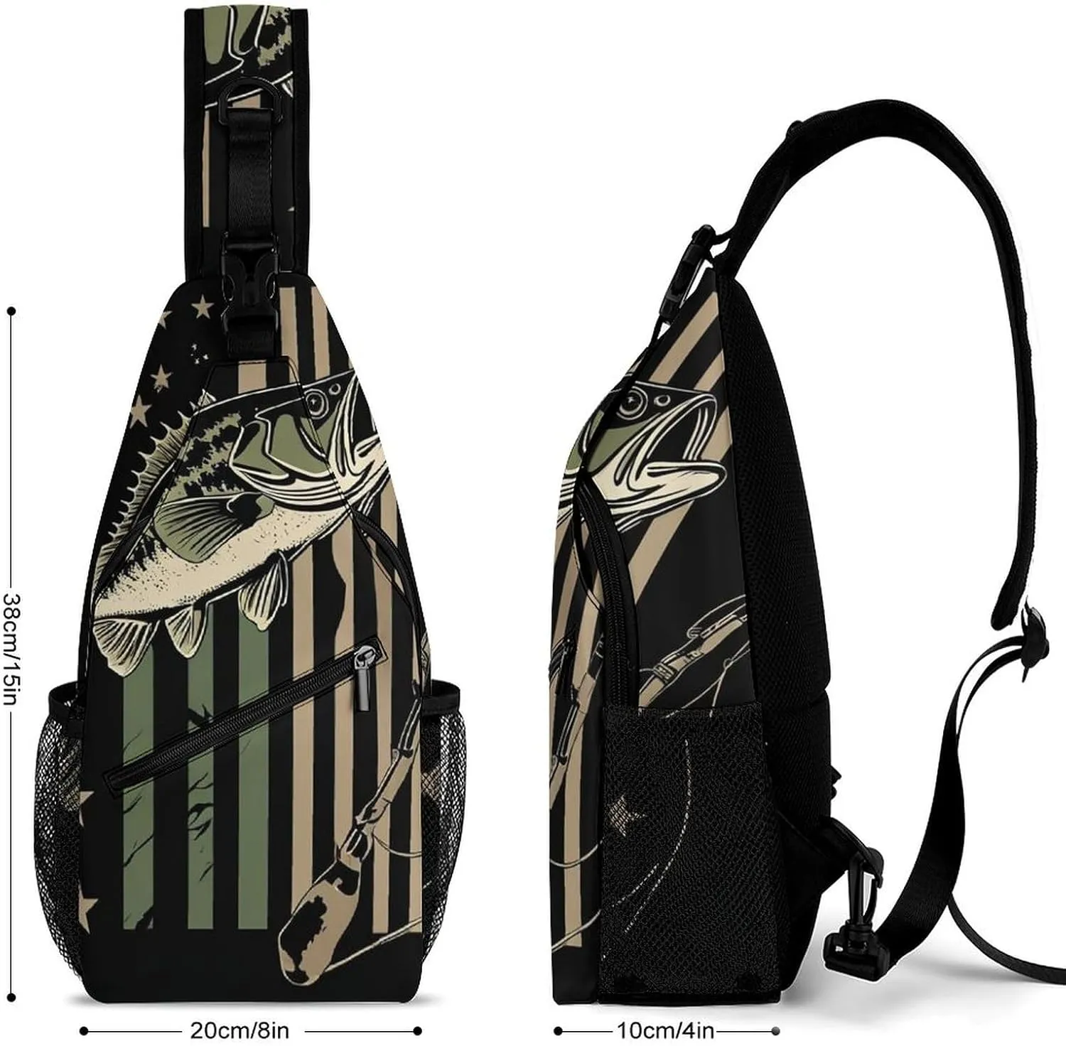 Mens Crossbody Shoulder Bag, Casual Daypacks Large Capacity Sling Chest Bag Bass Fishing Camo Camouflage American Flag Hunting Black Gym Backpack for Hiking Sport Travel
