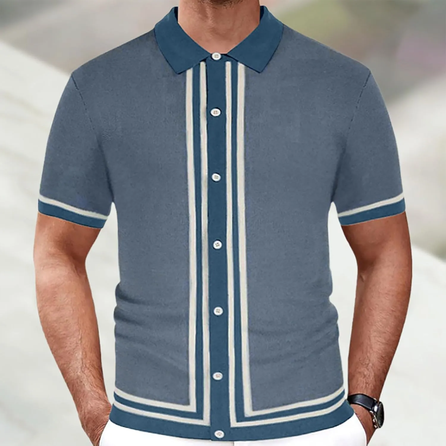 Men's Knitted Polo Shirt Summer Button-Down Shirts Short Sleeve Loose Casual Tops Vacation Outdoor Shirt