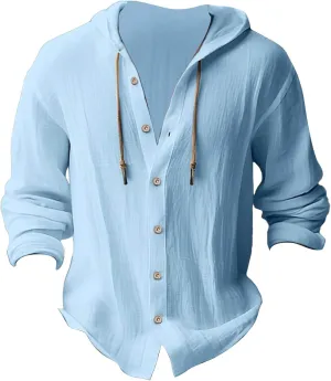 Mens Long Sleeve Tee Shirts Solid Cotton and Linen Hooded Shirt Casual Button Classic Work Shirt Men Shirt Mens