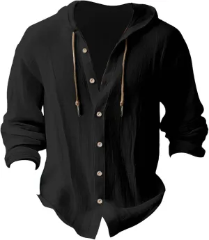 Mens Long Sleeve Tee Shirts Solid Cotton and Linen Hooded Shirt Casual Button Classic Work Shirt Men Shirt Mens