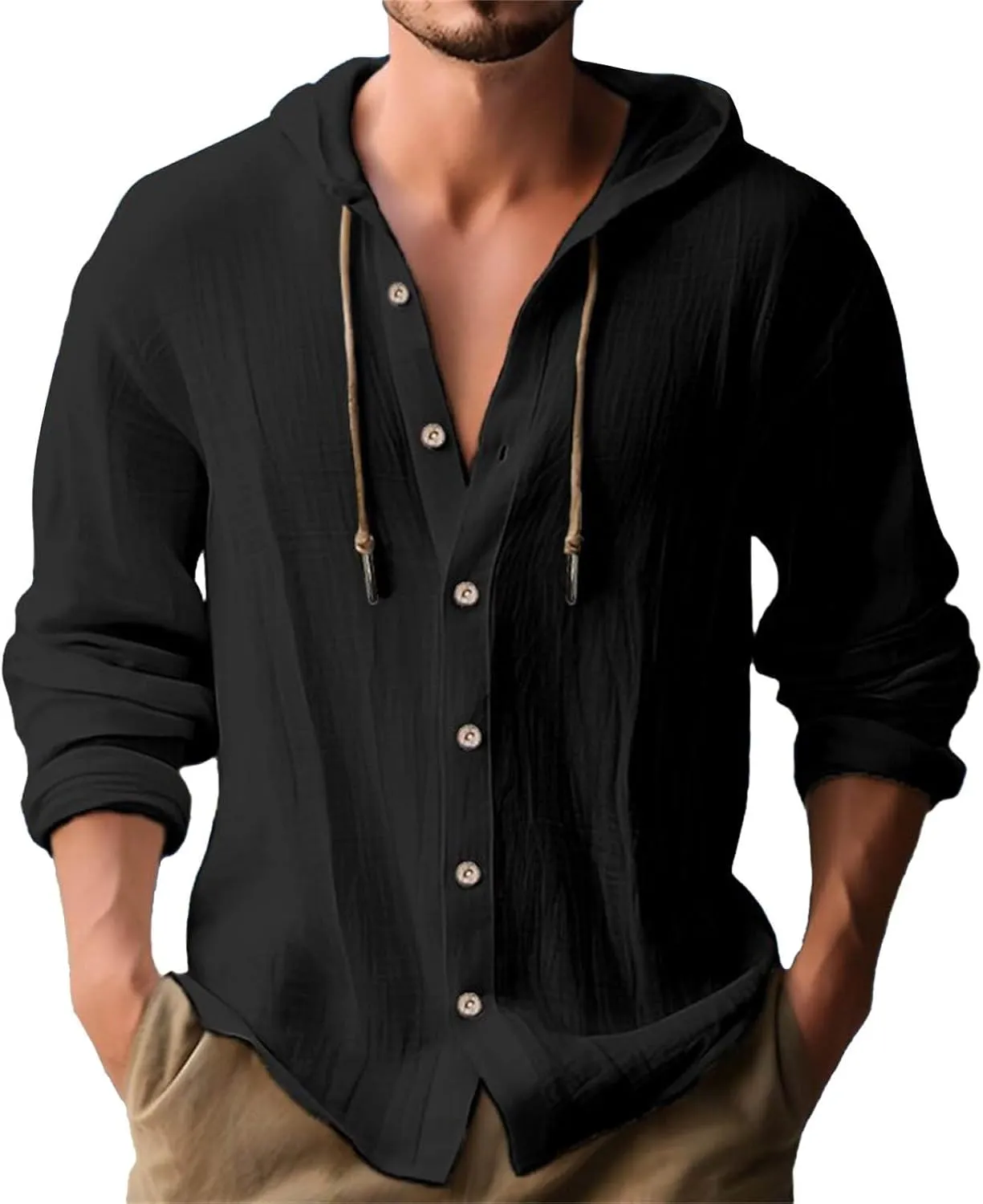 Mens Long Sleeve Tee Shirts Solid Cotton and Linen Hooded Shirt Casual Button Classic Work Shirt Men Shirt Mens