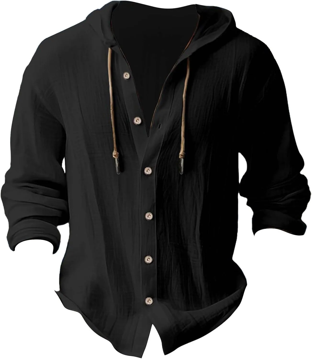 Mens Long Sleeve Tee Shirts Solid Cotton and Linen Hooded Shirt Casual Button Classic Work Shirt Men Shirt Mens