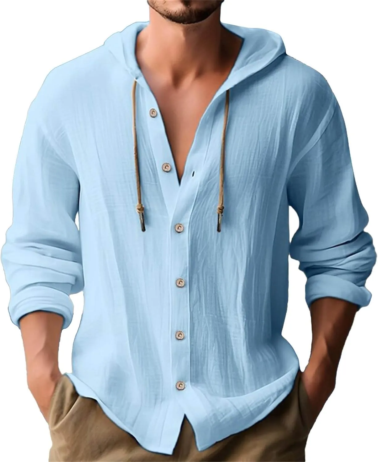 Mens Long Sleeve Tee Shirts Solid Cotton and Linen Hooded Shirt Casual Button Classic Work Shirt Men Shirt Mens