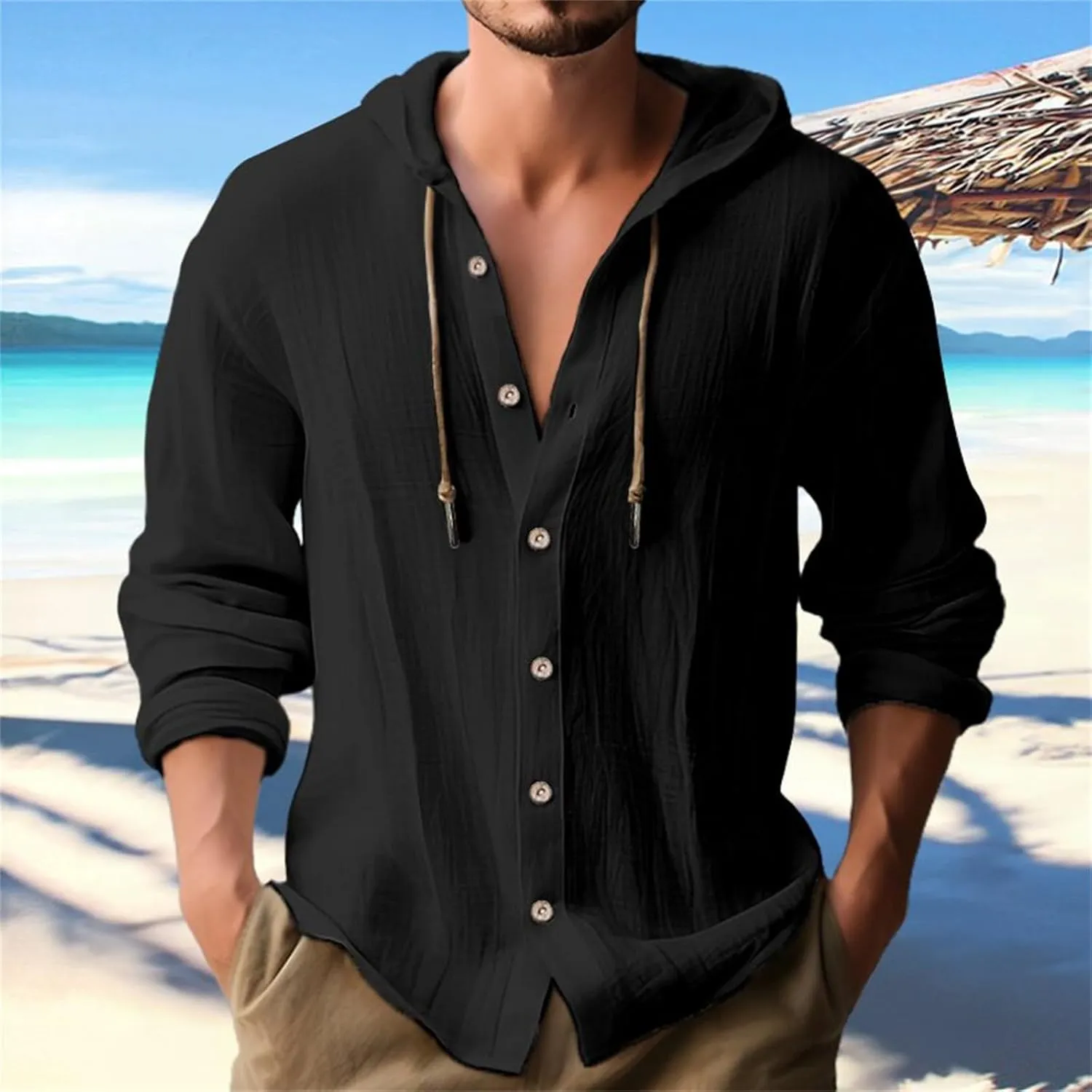 Mens Long Sleeve Tee Shirts Solid Cotton and Linen Hooded Shirt Casual Button Classic Work Shirt Men Shirt Mens