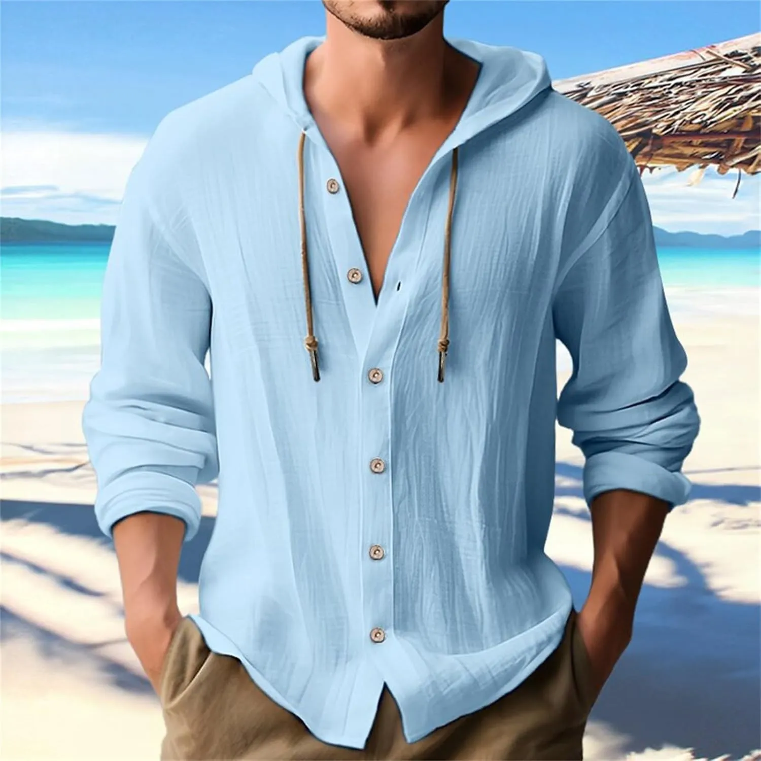 Mens Long Sleeve Tee Shirts Solid Cotton and Linen Hooded Shirt Casual Button Classic Work Shirt Men Shirt Mens