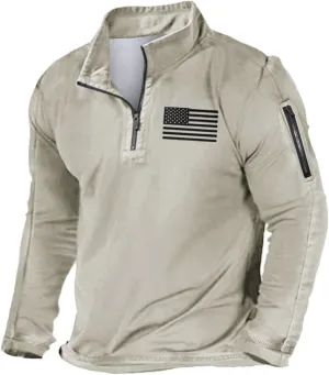 Mens Quarter Zip Pullovers Tactical Sweatshirts Long Sleeve Stand Collar Casual 1/4 Zip American Flag Patriotic Pullover Tops