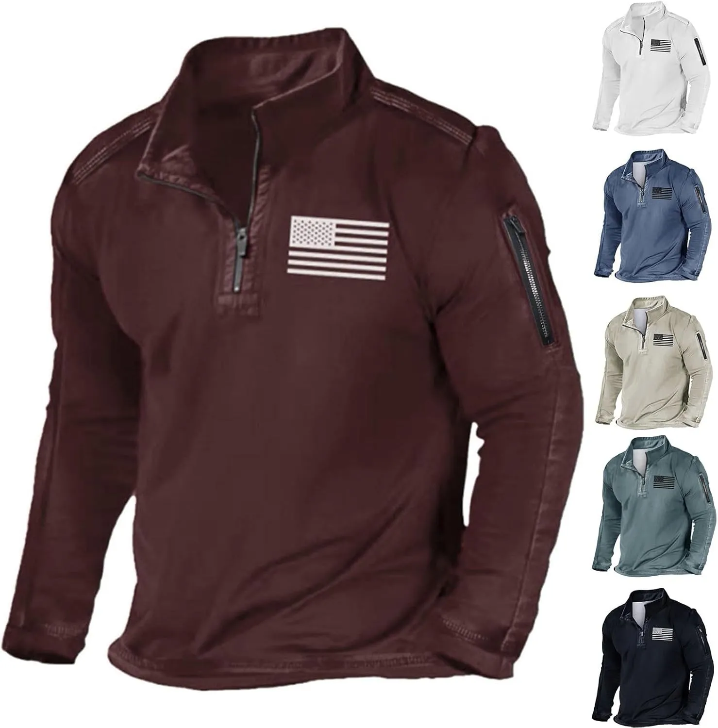Mens Quarter Zip Pullovers Tactical Sweatshirts Long Sleeve Stand Collar Casual 1/4 Zip American Flag Patriotic Pullover Tops