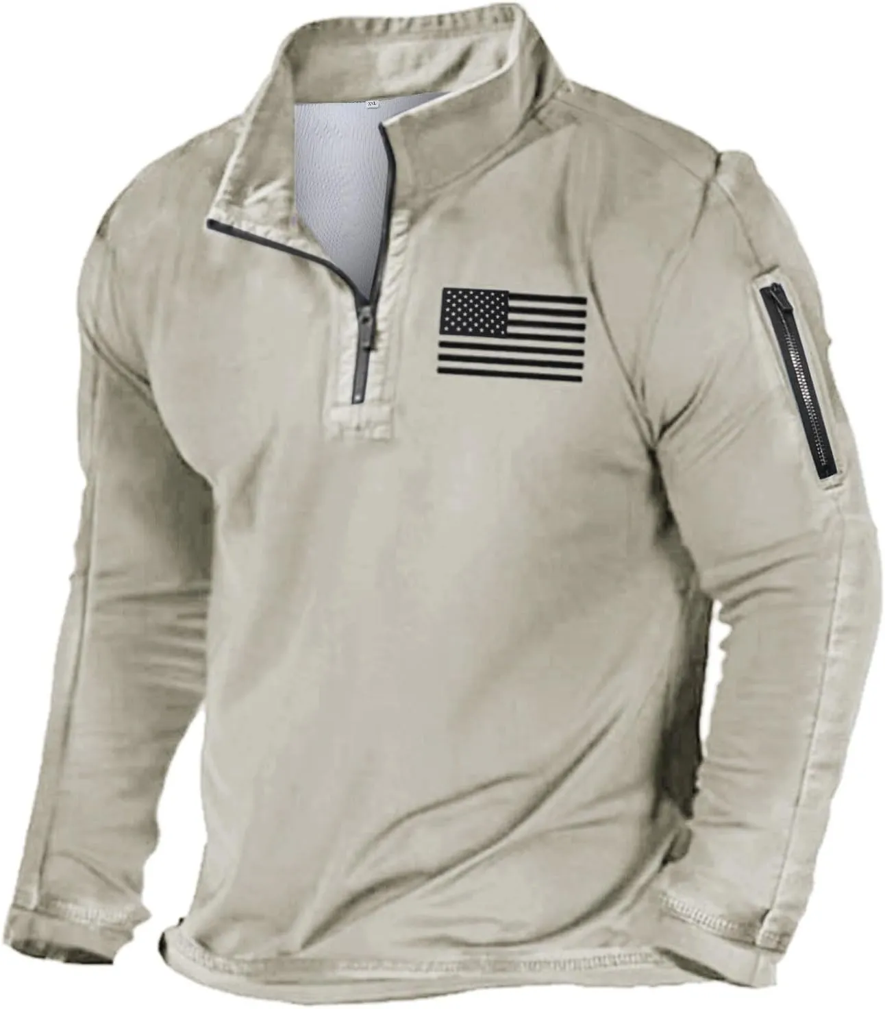 Mens Quarter Zip Pullovers Tactical Sweatshirts Long Sleeve Stand Collar Casual 1/4 Zip American Flag Patriotic Pullover Tops