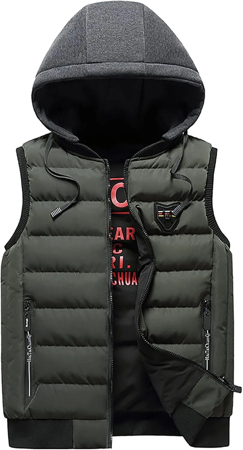 Men's Quilted Winter Vest,Plus Size Hooded Vest Outwear Slim Lightweight Warm Zipper Sleeveless Jacket Coats Pocket