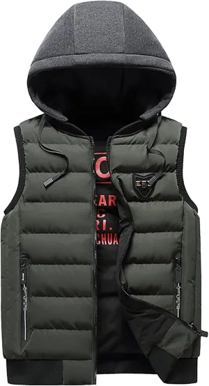 Men's Quilted Winter Vest,Plus Size Hooded Vest Outwear Slim Lightweight Warm Zipper Sleeveless Jacket Coats Pocket