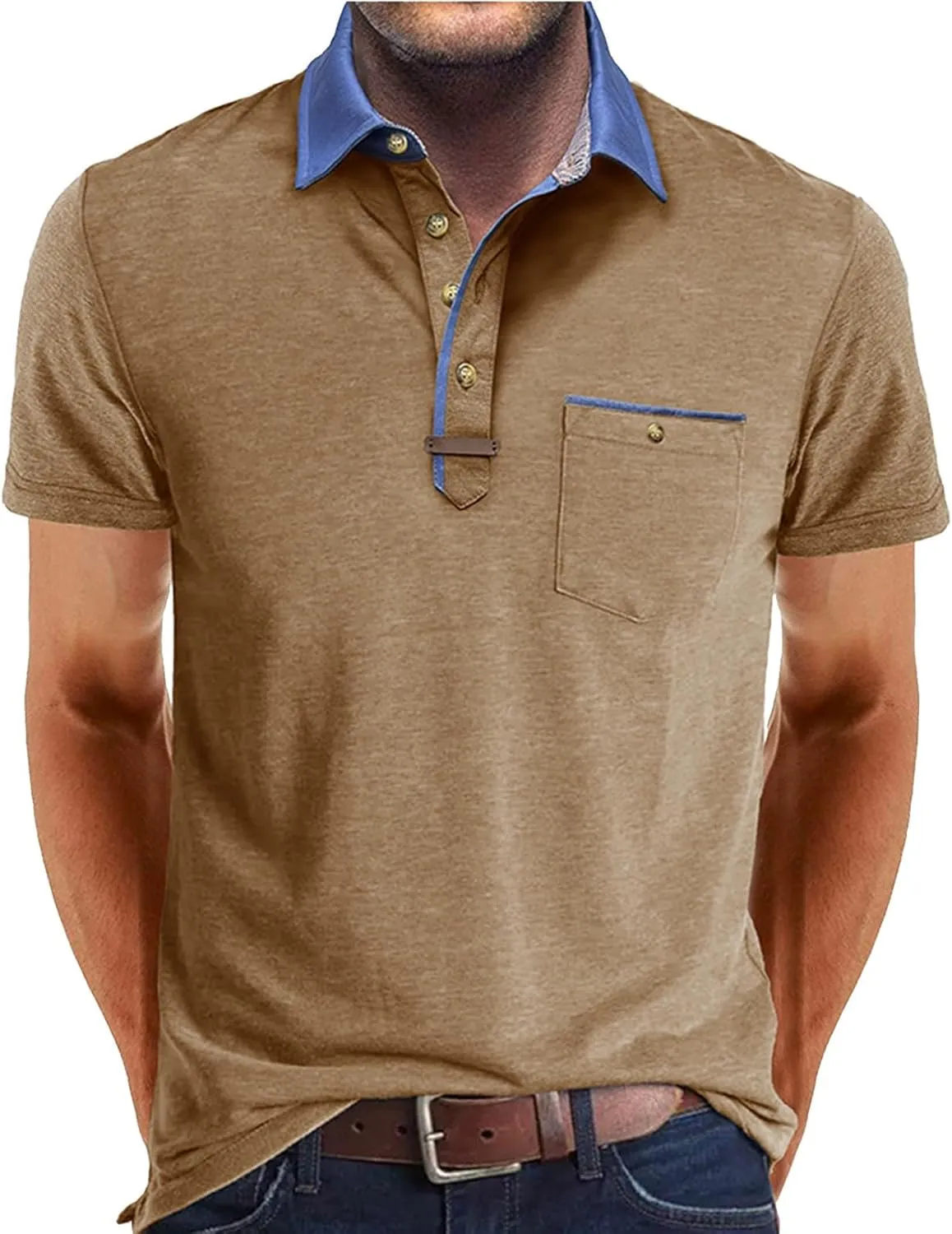 Men's Regular Fit Casual Short Sleeve Vintage Dual Tipped Collar Button Down Polo Shirt Golf Tee Shirts with Pocket