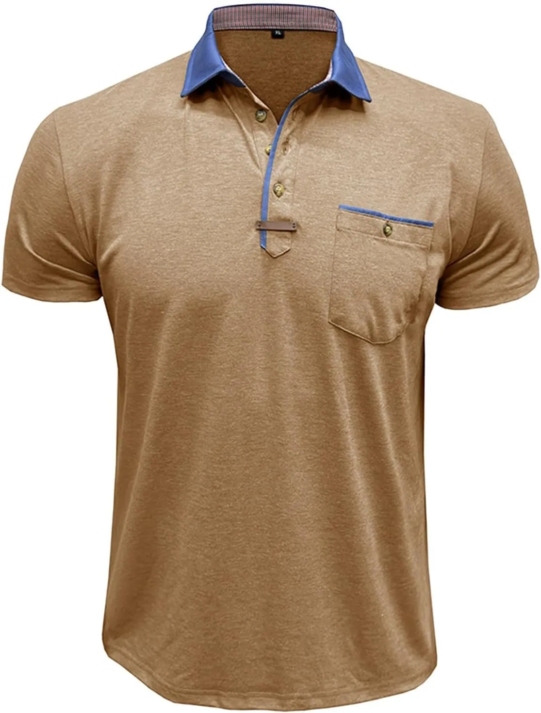 Men's Regular Fit Casual Short Sleeve Vintage Dual Tipped Collar Button Down Polo Shirt Golf Tee Shirts with Pocket