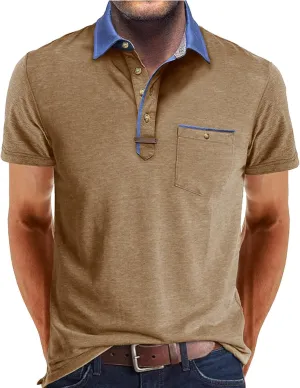 Men's Regular Fit Casual Short Sleeve Vintage Dual Tipped Collar Button Down Polo Shirt Golf Tee Shirts with Pocket