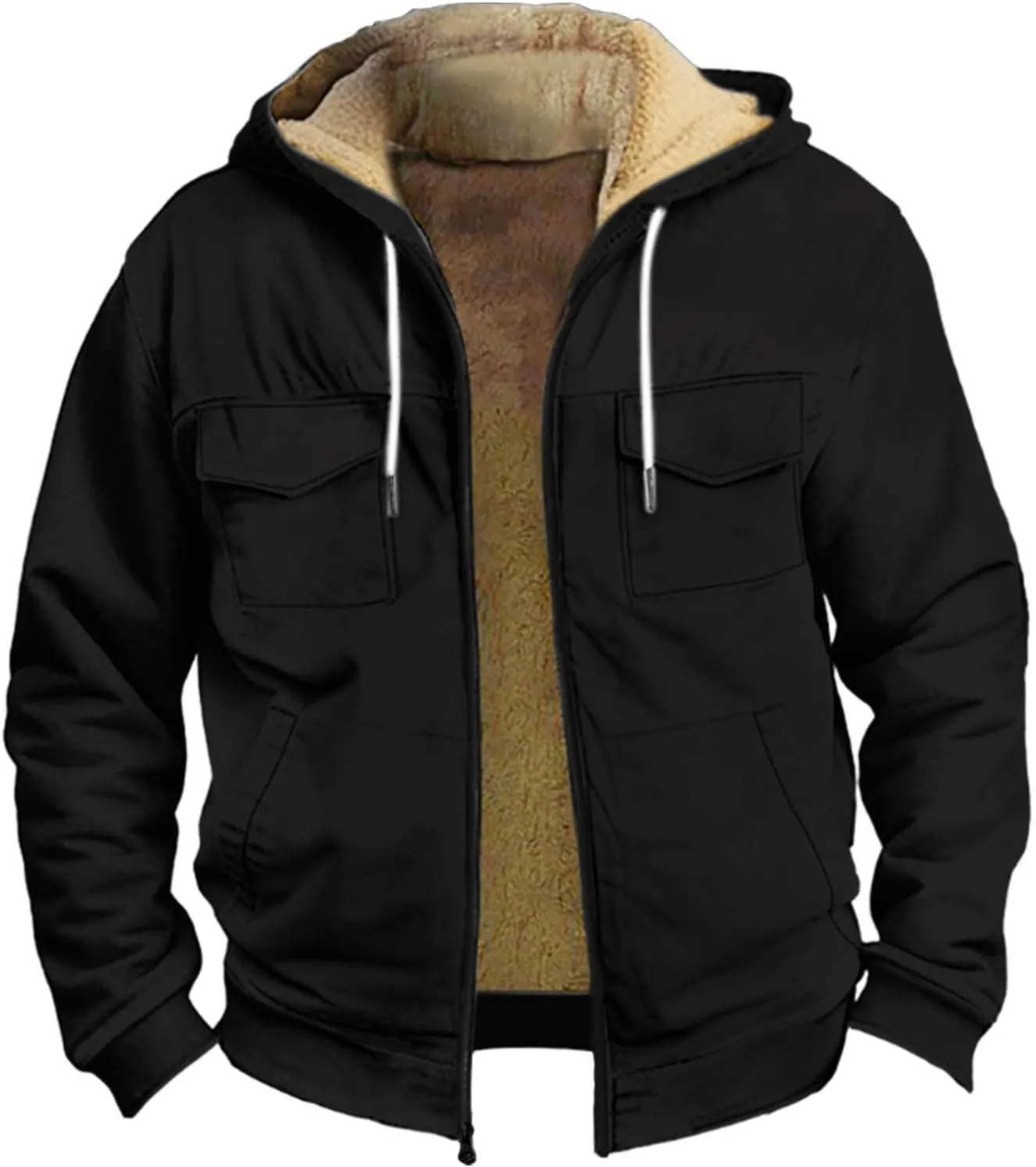 Men's Sherpa Fleece Lined Jackets Winter Warm Thick Zip Big and Tall Sherpa Lined Pullover Drawstring Coats Outwear